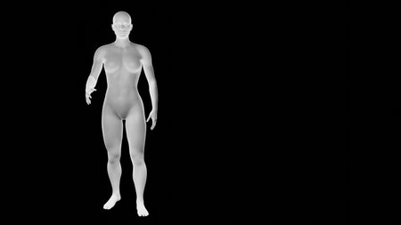 Beautiful athletic young woman posing isolated on black. Basic mesh, AI, robot. 3d illustration, rendering. Front viewの写真素材