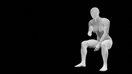 Beautiful athletic young woman posing isolated on black. Basic mesh, AI, robot. 3d illustration, rendering. Side viewの写真素材