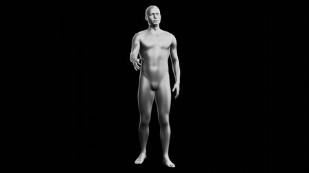 Beautiful young metallic silver man posing, isolated on black background. 3d illustration (rendering). Silver mannequin. Frontal viewの写真素材