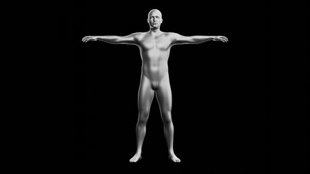 Beautiful young metallic silver man posing, isolated on black background. 3d illustration (rendering). Silver mannequin. Frontal viewの写真素材