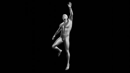 Beautiful young metallic silver man posing, isolated on black background. 3d illustration (rendering). Silver mannequin. Frontal viewの写真素材