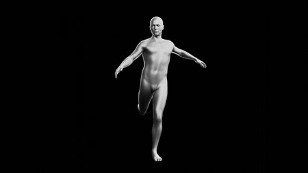 Beautiful young metallic silver man posing, isolated on black background. 3d illustration (rendering). Silver mannequin. Frontal viewの写真素材