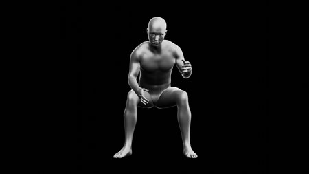 Beautiful young metallic silver man posing, isolated on black background. 3d illustration (rendering). Silver mannequin. Frontal viewの写真素材