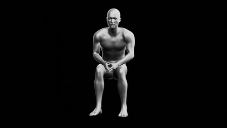 Beautiful young metallic silver man posing, isolated on black background. 3d illustration (rendering). Silver mannequin. Frontal viewの写真素材