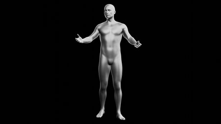 Beautiful young metallic silver man posing, isolated on black background. 3d illustration (rendering). Silver mannequin. Frontal viewの写真素材