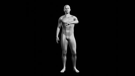 Beautiful young metallic silver man posing, isolated on black background. 3d illustration (rendering). Silver mannequin. Frontal viewの写真素材