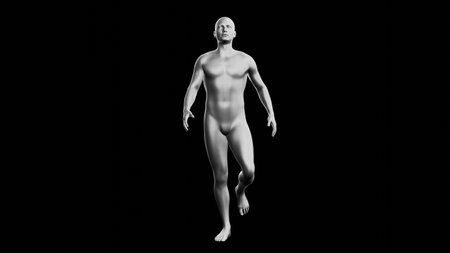 Beautiful young metallic silver man posing, isolated on black background. 3d illustration (rendering). Silver mannequin. Frontal viewの写真素材