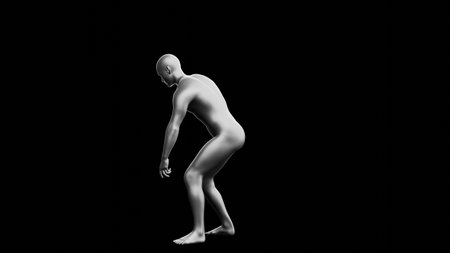 Beautiful young metallic silver man posing, isolated on black background. 3d illustration (rendering). Silver mannequin. Side viewの写真素材