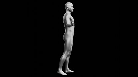 Beautiful young metallic silver man posing, isolated on black background. 3d illustration (rendering). Silver mannequin. Side viewの写真素材