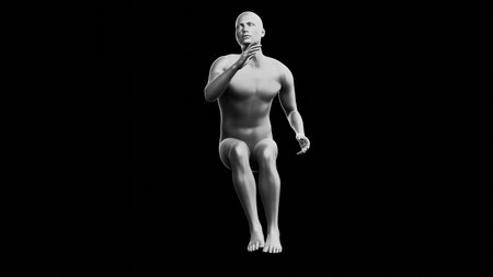 Beautiful young metallic silver man posing, isolated on black background. 3d illustration (rendering). Silver mannequin. Frontal viewの写真素材