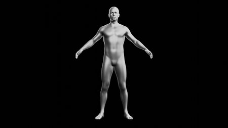 Beautiful young metallic silver man posing, isolated on black background. 3d illustration (rendering). Silver mannequin. Frontal viewの写真素材