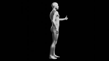 Beautiful young metallic silver man posing, isolated on black background. 3d illustration (rendering). Silver mannequin. Side viewの写真素材