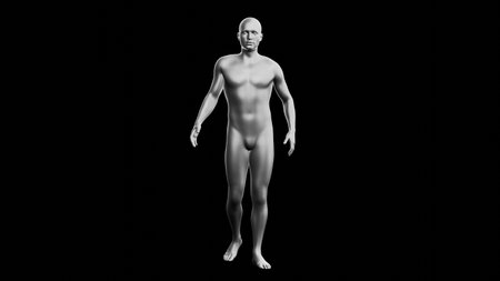 Beautiful young metallic silver man posing, isolated on black background. 3d illustration (rendering). Silver mannequin. Frontal viewの写真素材