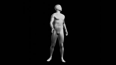 Beautiful young metallic silver man posing, isolated on black background. 3d illustration (rendering). Silver mannequin. Frontal viewの写真素材