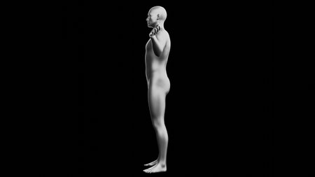 Beautiful young metallic silver man posing, isolated on black background. 3d illustration (rendering). Silver mannequin. Side viewの写真素材