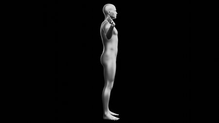 Beautiful young metallic silver man posing, isolated on black background. 3d illustration (rendering). Silver mannequin. Side viewの写真素材