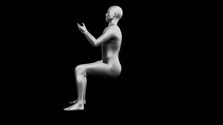 Beautiful young metallic silver man posing, isolated on black background. 3d illustration (rendering). Silver mannequin. Side viewの写真素材