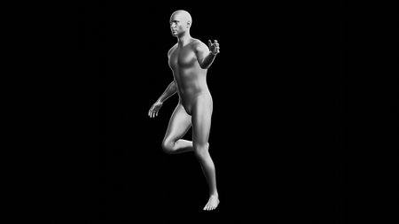 Beautiful young metallic silver man posing, isolated on black background. 3d illustration (rendering). Silver mannequin. Side viewの写真素材