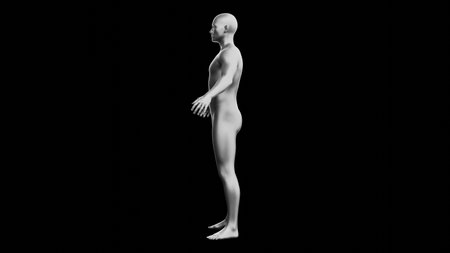 Beautiful young metallic silver man posing, isolated on black background. 3d illustration (rendering). Silver mannequin. Side viewの写真素材