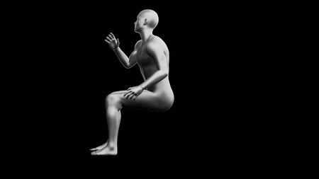 Beautiful young metallic silver man posing, isolated on black background. 3d illustration (rendering). Silver mannequin. Side viewの写真素材