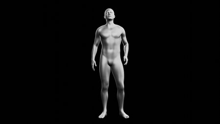 Beautiful young metallic silver man posing, isolated on black background. 3d illustration (rendering). Silver mannequin. Frontal viewの写真素材