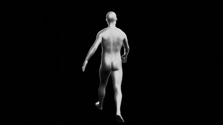 Beautiful young metallic silver man posing, isolated on black background. 3d illustration (rendering). Silver mannequin. Back viewの写真素材