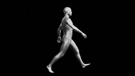 Beautiful young metallic silver man posing, isolated on black background. 3d illustration (rendering). Silver mannequin. Side viewの写真素材
