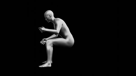 Beautiful young metallic silver man posing, isolated on black background. 3d illustration (rendering). Silver mannequin, android. Side viewの写真素材