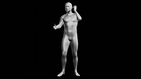 Beautiful young metallic silver man posing, isolated on black background. 3d illustration (rendering). Silver mannequin. Frontal viewの写真素材