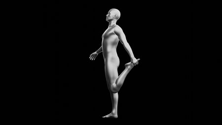 Beautiful young metallic silver man posing, isolated on black background. 3d illustration (rendering). Silver mannequin. Side viewの写真素材