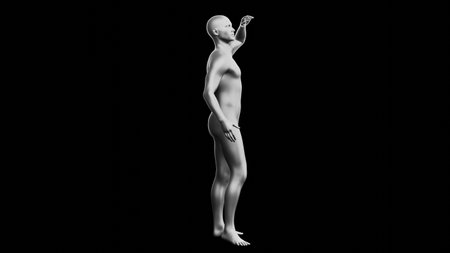 Beautiful young metallic silver man posing, isolated on black background. 3d illustration (rendering). Silver mannequin. Side viewの写真素材