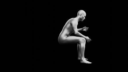 Beautiful young metallic silver man posing, isolated on black background. 3d illustration (rendering). Silver mannequin. Side viewの写真素材