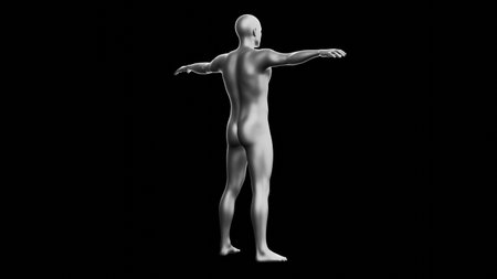 Beautiful young metallic silver man posing, isolated on black background. 3d illustration (rendering). Silver mannequin. Back viewの写真素材