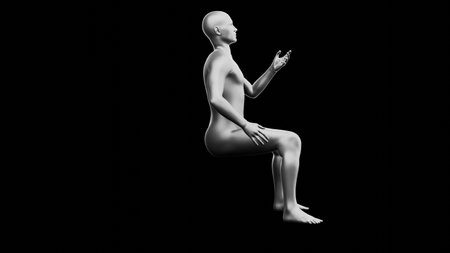 Beautiful young metallic silver man posing, isolated on black background. 3d illustration (rendering). Silver mannequin. Side viewの写真素材