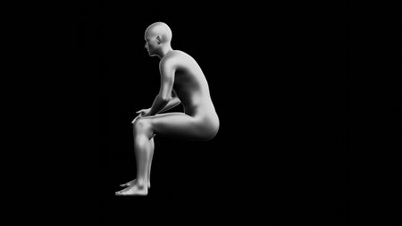 Beautiful young metallic silver man posing, isolated on black background. 3d illustration (rendering). Silver mannequin. Side viewの写真素材
