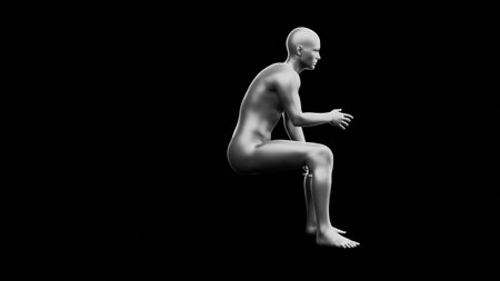 Beautiful young metallic silver man posing, isolated on black background. 3d illustration (rendering). Silver mannequin, android. Side viewの写真素材