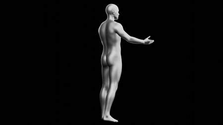 Beautiful young metallic silver man posing, isolated on black background. 3d illustration (rendering). Silver mannequin, android. Back viewの写真素材