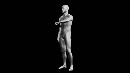 Beautiful young metallic silver man posing, isolated on black background. 3d illustration (rendering). Silver mannequin, android. Side viewの写真素材