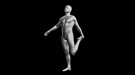 Beautiful young metallic silver man posing, isolated on black background. 3d illustration (rendering). Silver mannequin. Side viewの写真素材