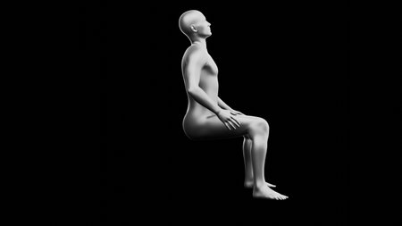 Beautiful young metallic silver man posing, isolated on black background. 3d illustration (rendering). Silver mannequin. Side viewの写真素材