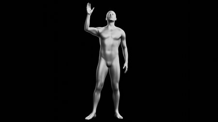 Beautiful young metallic silver man posing, isolated on black background. 3d illustration (rendering). Silver mannequin. Frontal viewの写真素材
