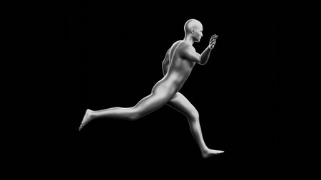 Beautiful young metallic silver man posing, isolated on black background. 3d illustration (rendering). Silver mannequin. Side viewの写真素材