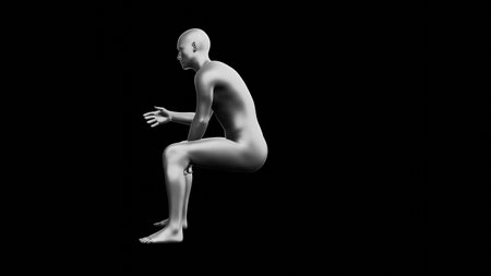 Beautiful young metallic silver man posing, isolated on black background. 3d illustration (rendering). Silver mannequin. Side viewの写真素材
