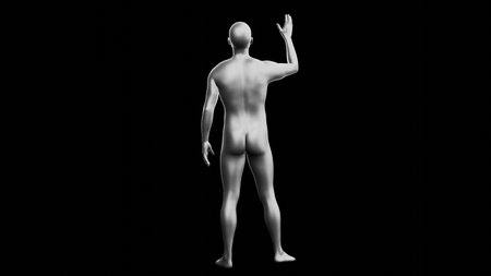 Beautiful young metallic silver man posing, isolated on black background. 3d illustration (rendering). Silver mannequin. Back viewの写真素材