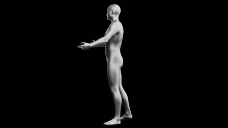 Beautiful young metallic silver man posing, isolated on black background. 3d illustration (rendering). Silver mannequin. Side viewの写真素材
