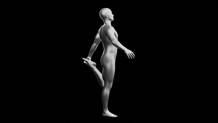 Beautiful young metallic silver man posing, isolated on black background. 3d illustration (rendering). Silver mannequin, android. Side viewの写真素材
