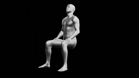 Beautiful young metallic silver man posing, isolated on black background. 3d illustration (rendering). Silver mannequin. Side viewの写真素材