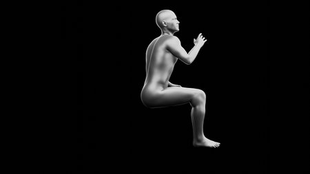 Beautiful young metallic silver man posing, isolated on black background. 3d illustration (rendering). Silver mannequin. Side viewの写真素材