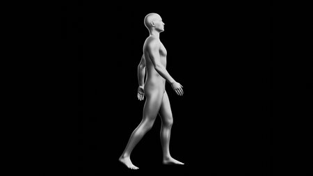 Beautiful young metallic silver man posing, isolated on black background. 3d illustration (rendering). Silver mannequin. Side viewの写真素材