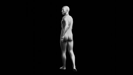 Beautiful young metallic silver man posing, isolated on black background. 3d illustration (rendering). Silver mannequin. Back viewの写真素材